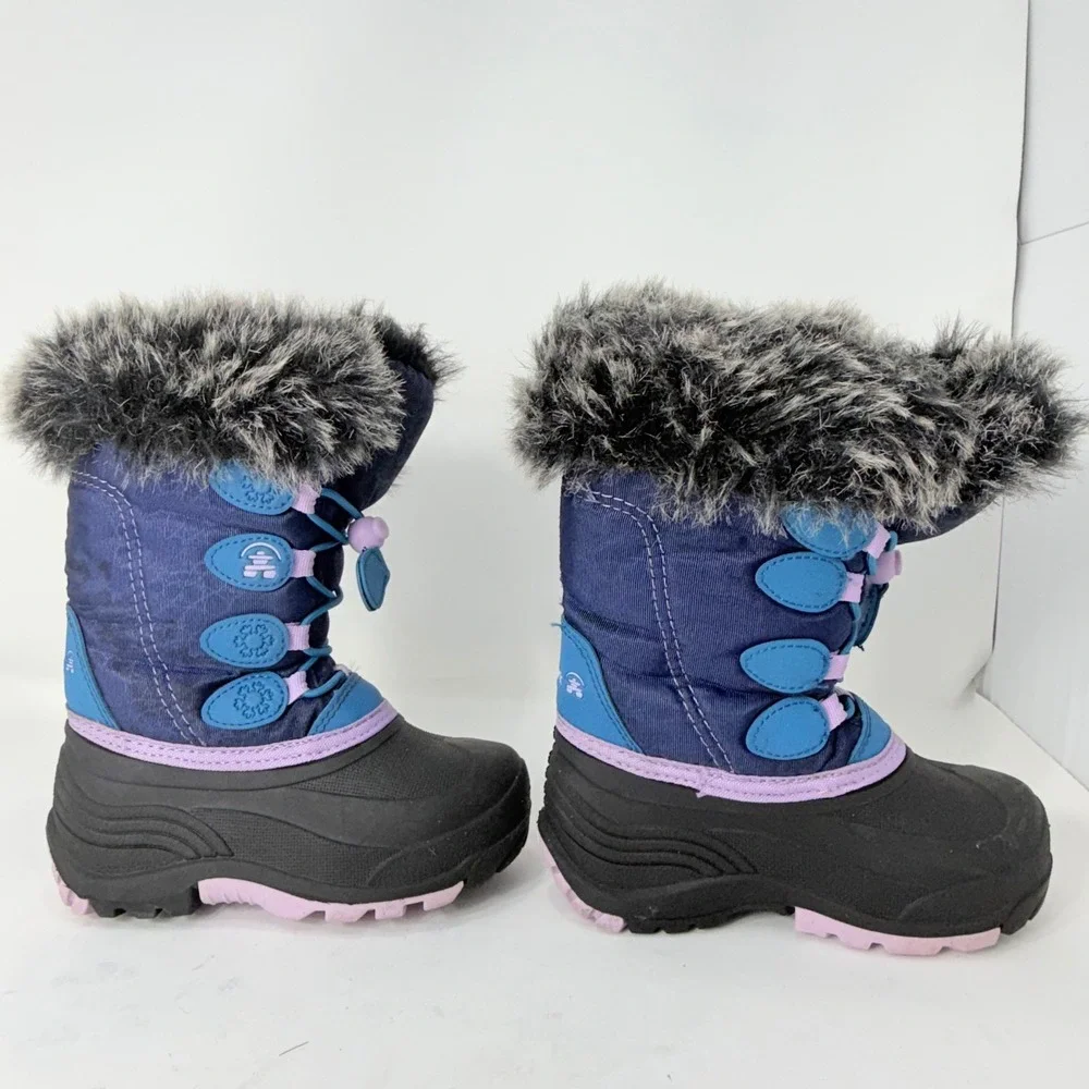 Kamik Kids Navy Blue Faux Fur Trim Waterproof Winter Snow Boots Bungee Toggle